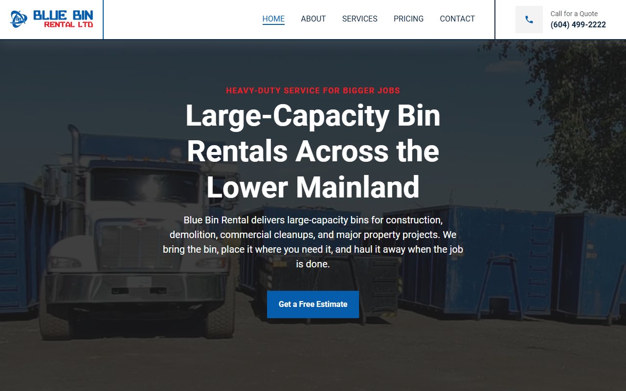 Blue Bin Rental homepage advertising large-capacity bin rentals across the Lower Mainland.