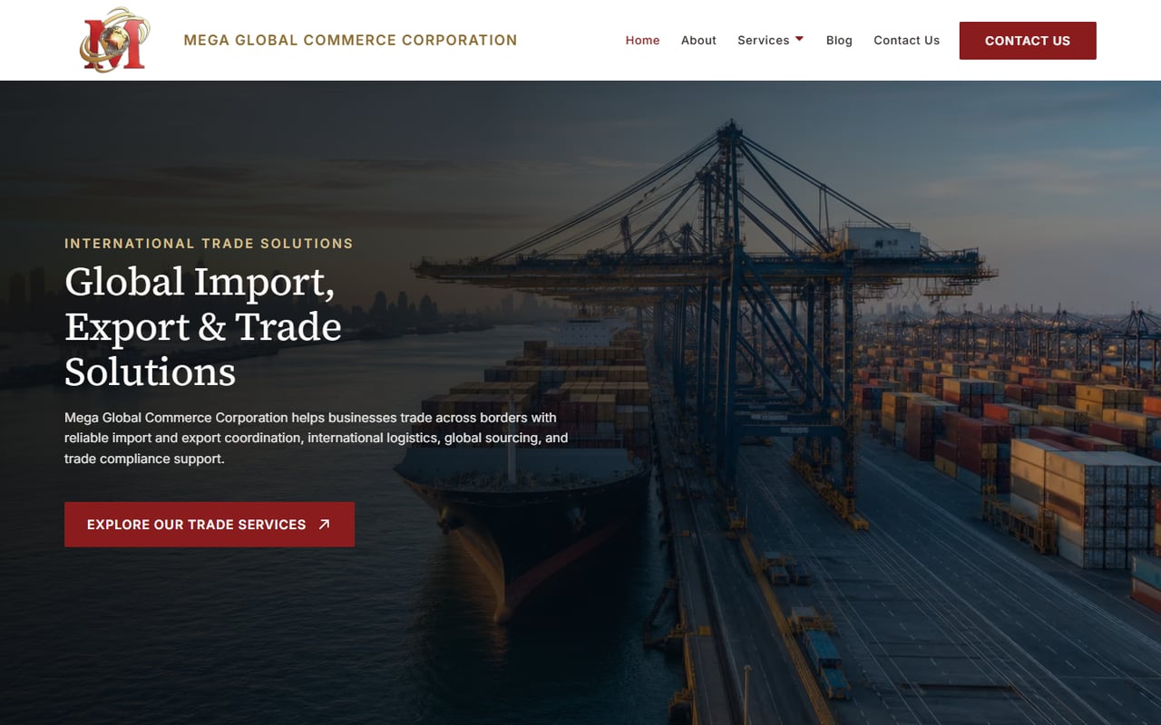 Mega Global Commerce Corporation homepage featuring its global import, export and trade services.